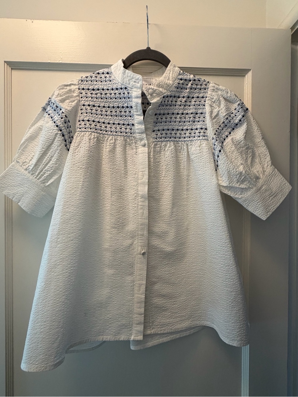 Rochelle Behrens The shirt blouse. White embroidered smock top